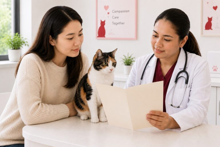 Cat owner discussing an FIP diagnosis and next treatment steps with a veterinarian